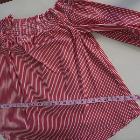 Chicos Top Striped Smocked Neckline Off the Shoulder Blouse - Picture 5 of 8
